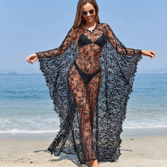 Black Lace Beach Cover Up Caftan - Picture 1 of 5